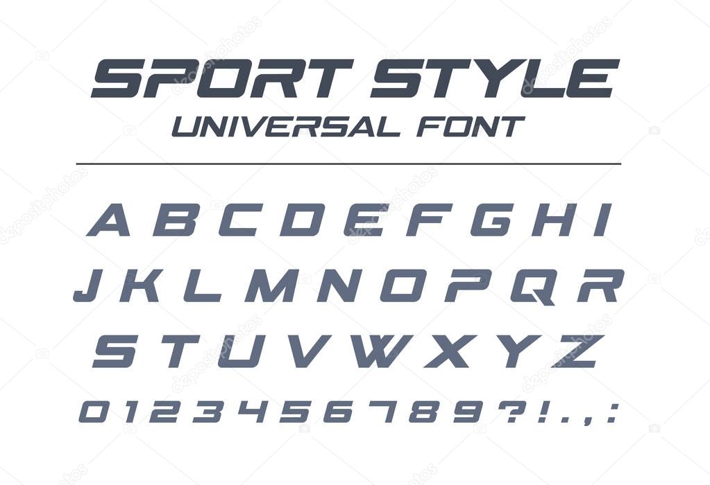 Sport style universal font. Fast speed, futuristic, technology, future alphabet. Letters and numbers for military, industrial, electric car racing logo design. Modern minimalistic vector typeface