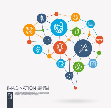 AI creative think system concept. Digital mesh smart brain idea. Futuristic interact neural network grid connect. Imagination and dream, brainstorm, art, inspiration integrated business vector icons. clipart