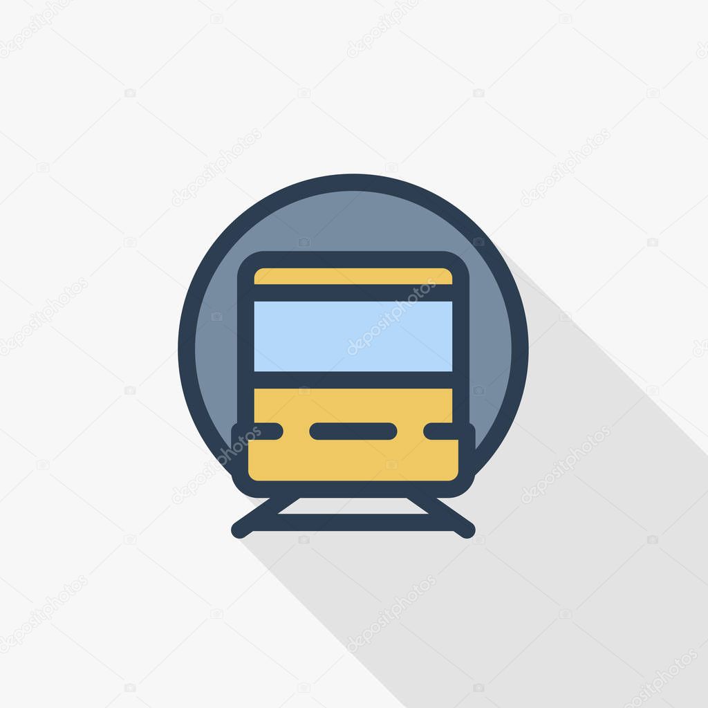 Train, tram, rails transport thin line flat color icon. Linear vector illustration. Pictogram isolated on white background. Colorful long shadow design.