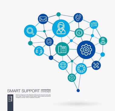 AI yaratıcı düşünme sistemi kavramı. Dijital kafes akıllı beyin fikir. Fütüristik etkileşim neural ağ kılavuz bağlayın. Destek, Çağrı Merkezi, yardım hizmeti, iletişim iş vektör simgeler entegre..