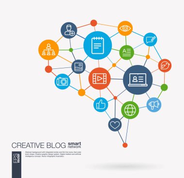 AI creative think system concept. Digital mesh smart brain idea. Futuristic interact neural network grid connect. Blog, video content publish, post writing, follower integrated business vector icons. clipart