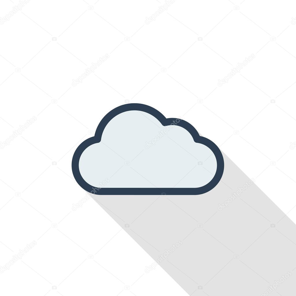 Cloud, weather thin line flat color icon. Linear vector illustration. Pictogram isolated on white background. Colorful long shadow design.