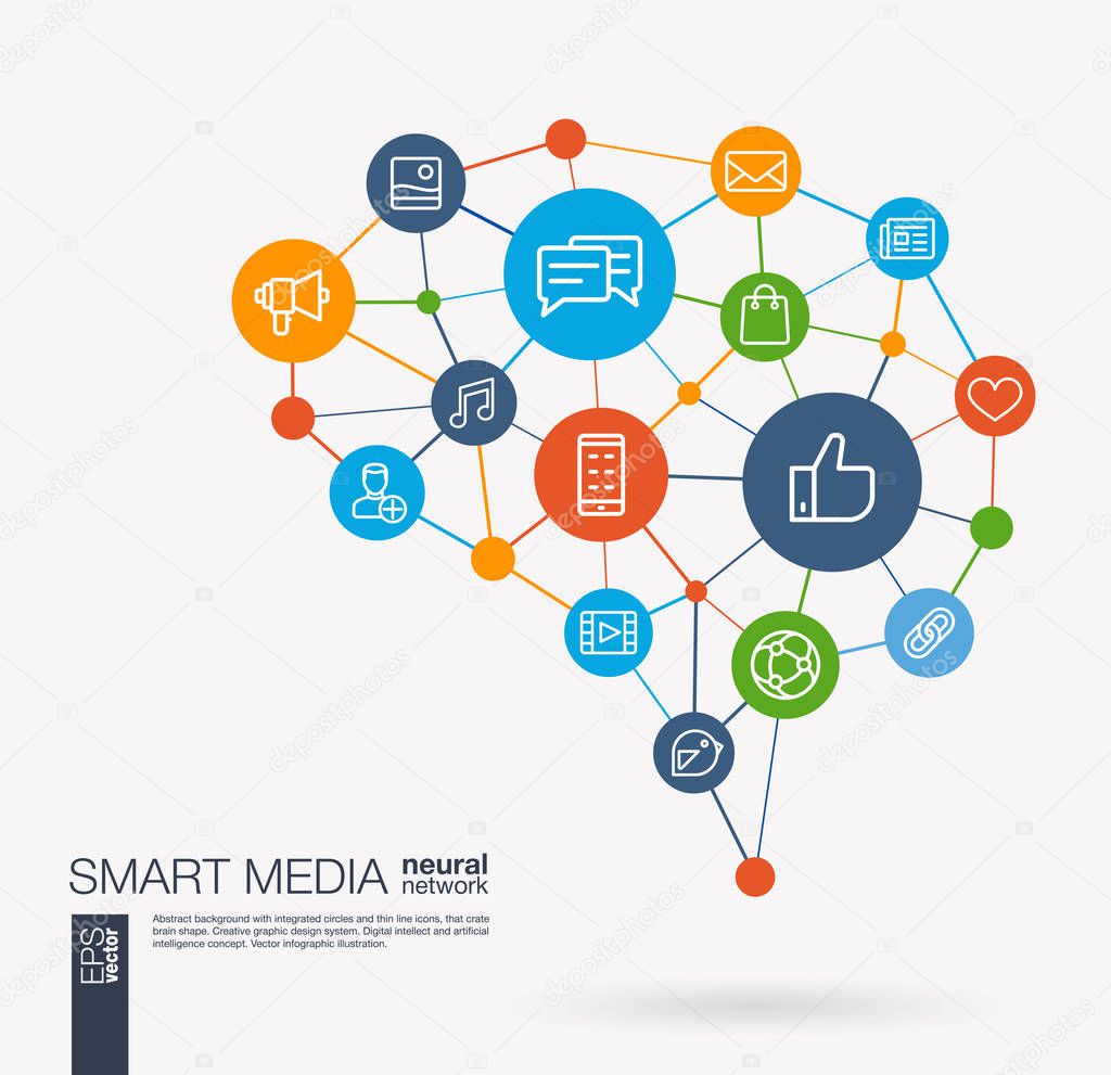 AI creative think system concept. Digital mesh smart brain idea. Futuristic interact neural network grid connect. Social Media market service, communicate, share integrated business vector line icons.