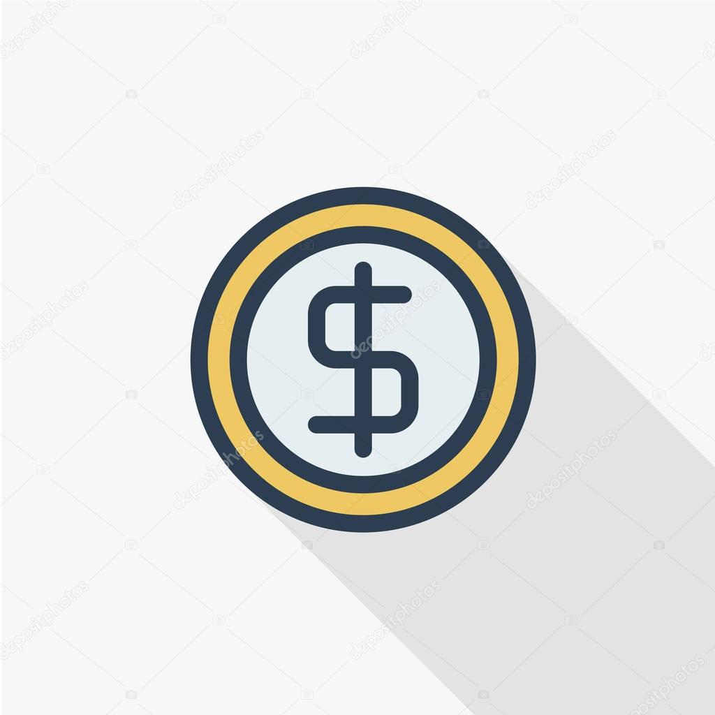 Coin dollar, money, finance, currency thin line flat icon. Linear vector illustration. Pictogram isolated on white background. Colorful long shadow design.