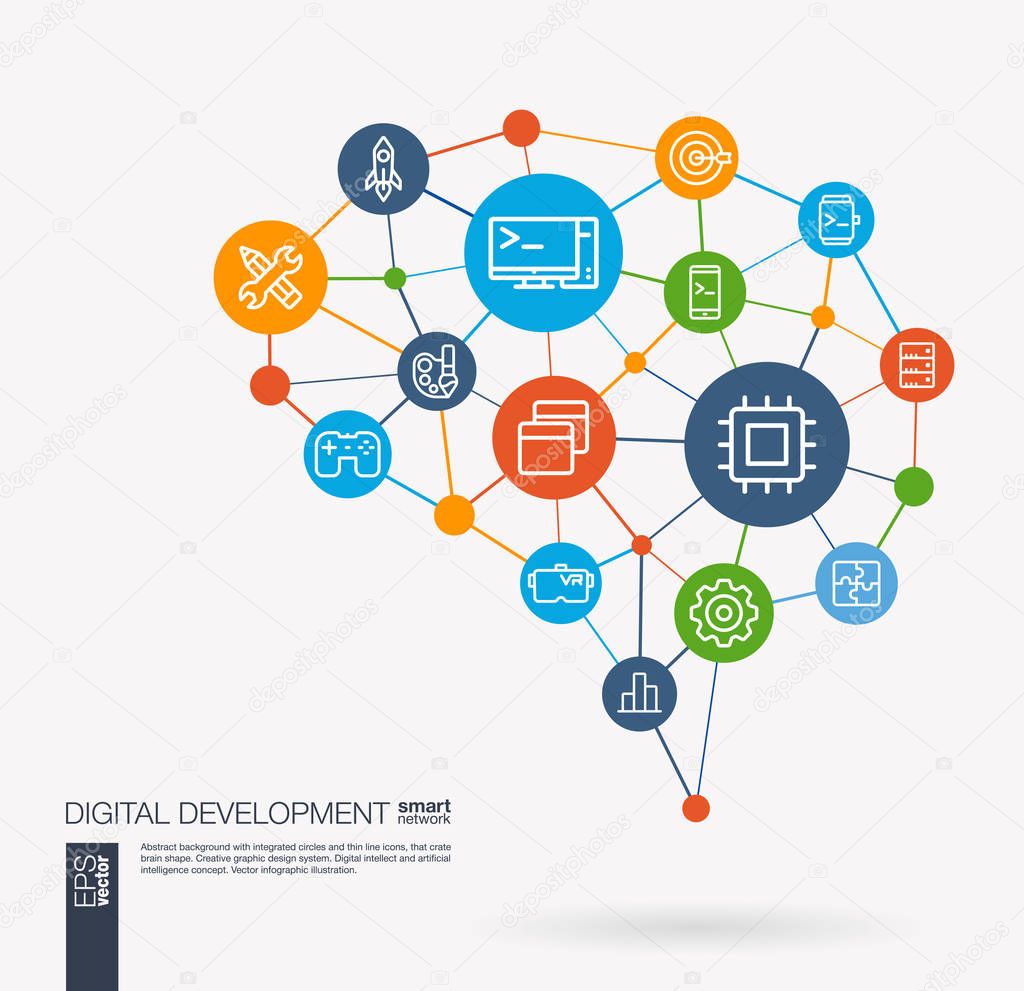 AI creative think system concept. Digital mesh smart brain idea. Futuristic interact neural network grid connect. App development, programm code, software, web design integrated business vector icons.