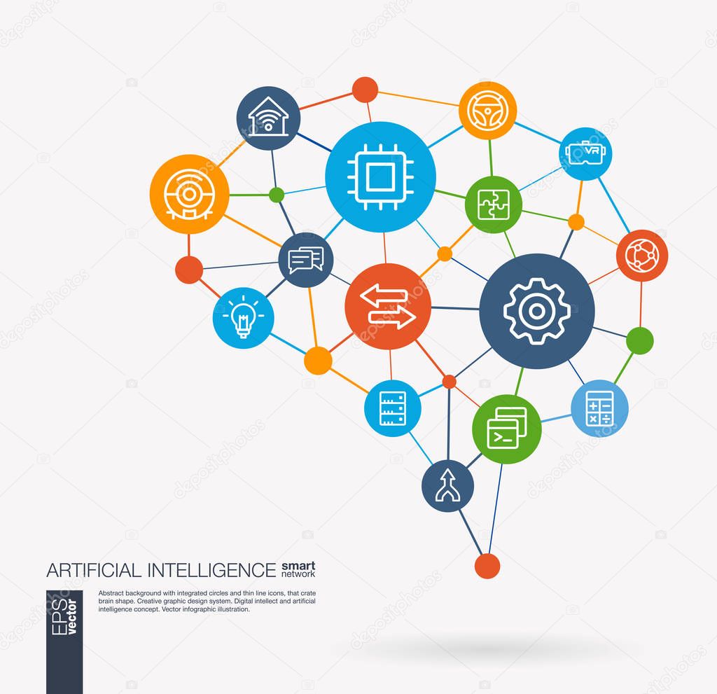 AI creative think system concept. Digital mesh smart brain idea. Futuristic interact neural network grid connect. Artificial intelligence, robot machine learning integrated business vector line icons.