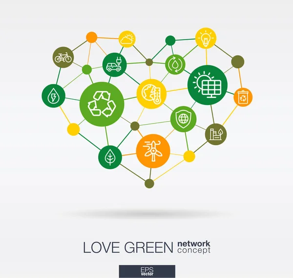 Vektor Illustration Grön Kärlek Miljömässiga Integrerade Tunn Linje Designikoner Hjärta — Stock vektor