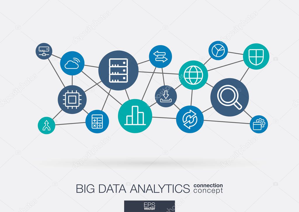 vector illustration design of Big data integrated thin line web icons. Digital neural network interact concept. Connected graphic design polygons and circles system. 