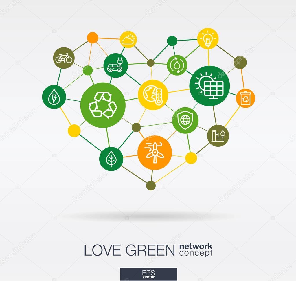 vector illustration design of green Love, environmental integrated thin line icons in heart shape. Digital network concept. 