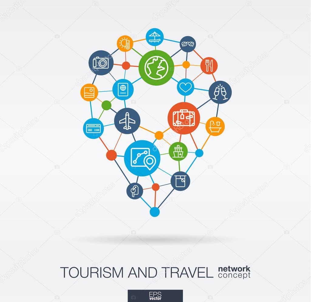 vector illustration design of Travel integrated thin line web icons in map pin shape. Digital network concept. Connected graphic design polygons, circles system.