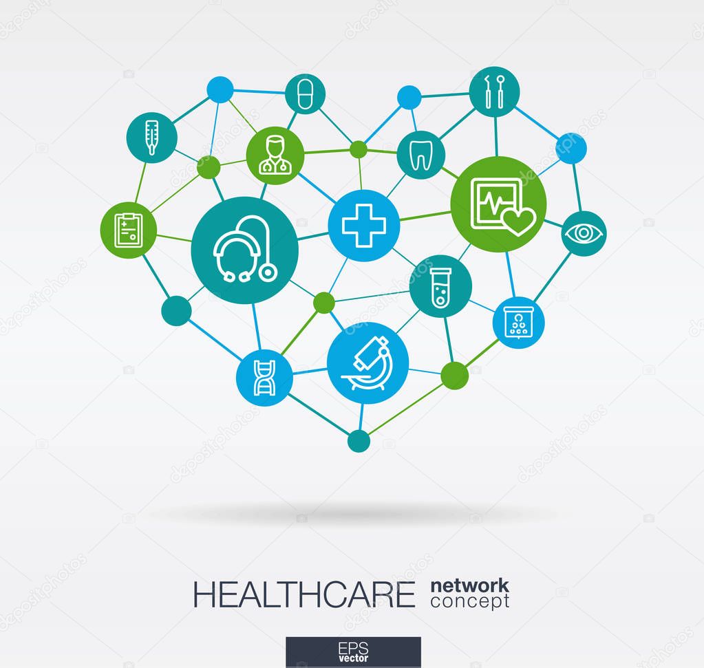 vector illustration design of Healthcare, integrated thin line web icons in heart shape. Digital neural network interact concept. 