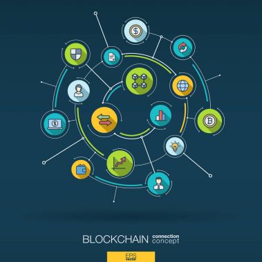 Soyut blockchain, kripto, fintech arka plan. Dijital sistem entegre daireler ve düz simgeler ile bağlayın. Ağ arabirimi kavramı etkileşim. Finans teknoloji vektör Infographic çizim