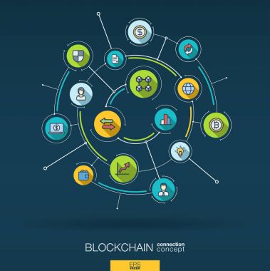 Abstract blockchain, crypto, fintech background. Digital connect system with integrated circles and flat icons. Network interact interface concept. Finance technology vector infographic illustration clipart