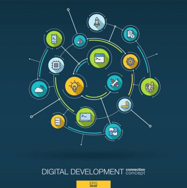 Abstract development, programming background. Digital connect system with integrated circles, flat thin line icons, long shadows. Network interact interface concept. Vector infographic illustration clipart