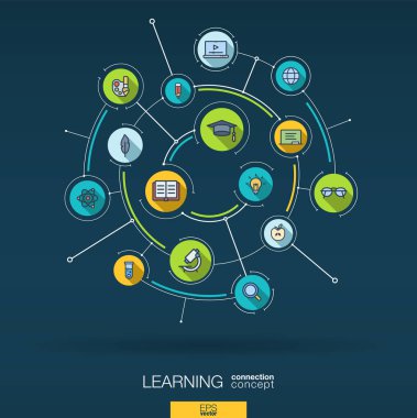 Abstract education and learning background. Digital connect system, integrated circles, flat icons. Network interact interface concept. Elearning, graduation, school vector infographic illustration clipart