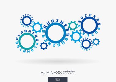 Bağlı cogwheels. Strateji başarı iş, planlama, kelime araştırma. Entegre vites ve metin. Proje geliştirme fikri. Tipografi sistemi kavramı. COG wheel piyasa mekanizması. Vektör infograph.