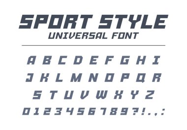 Spor tarzı evrensel yazı tipi. Hızlı hızlı, fütüristik, teknoloji, gelecekteki alfabe. Harfler ve sayılar için askeri, endüstriyel, elektrikli araba yarışı logo tasarımı. Modern minimalist vektör yazı tipi