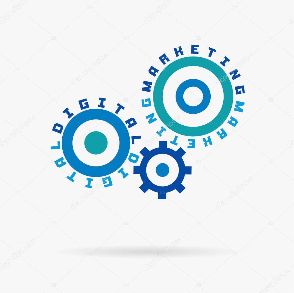 Connected cogwheels, digital marketing words. Integrated gears, text. Social media business, internet develop, network sales concept. Typography system idea. Cog wheel seo mechanism. Vector infograph