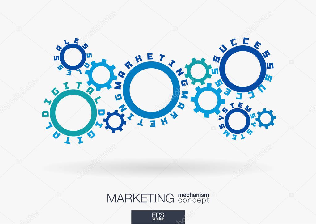 Connected cogwheels. Digital marketing system, sales, success words. Integrated gears, text. Social media network, business develop concept. Typography idea. Cog wheel seo mechanism. Vector infograph