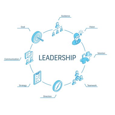 Liderlik izometrik konsept. Bağlı 3d çizgi simgeleri. Bütünleşik çember bilgi tasarım sistemi. Görüş, Hedef, Rehberlik ve Strateji Sembolleri