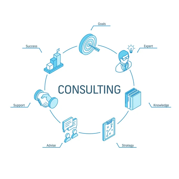 Consulting isometric concept. Connected line 3d icons. Integrated circle infographic design system. Business Strategy, Consulting, Goals, Expert, Success symbols. — Stock Vector