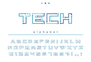 Devre levhası geometrik yazı tipi. Dijital teknoloji, gelecek tekno alfabesi. Bilgisayar elektronik çipi için harfler ve numaralar, teknoloji logosu tasarımı