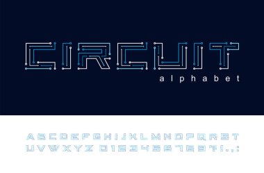 Devre levhası geometrik yazı tipi. Dijital teknoloji, gelecek tekno alfabesi. Bilgisayar elektronik çipi için harfler ve numaralar, teknoloji logosu tasarımı