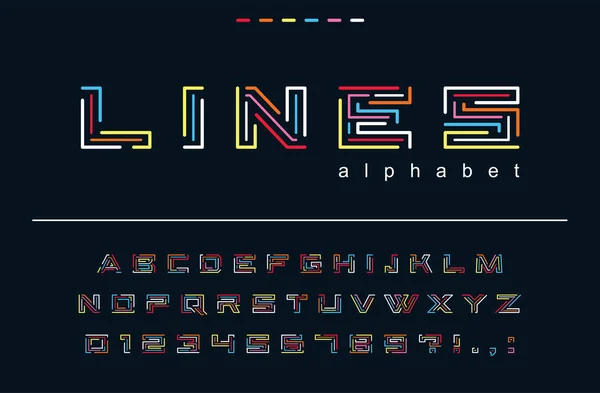 Geometric color lines font. Technology, puzzle maze, fun art abstract alphabet. Letters, numbers for trendy fashion, hipster festive, creative game logo design — ストックベクタ