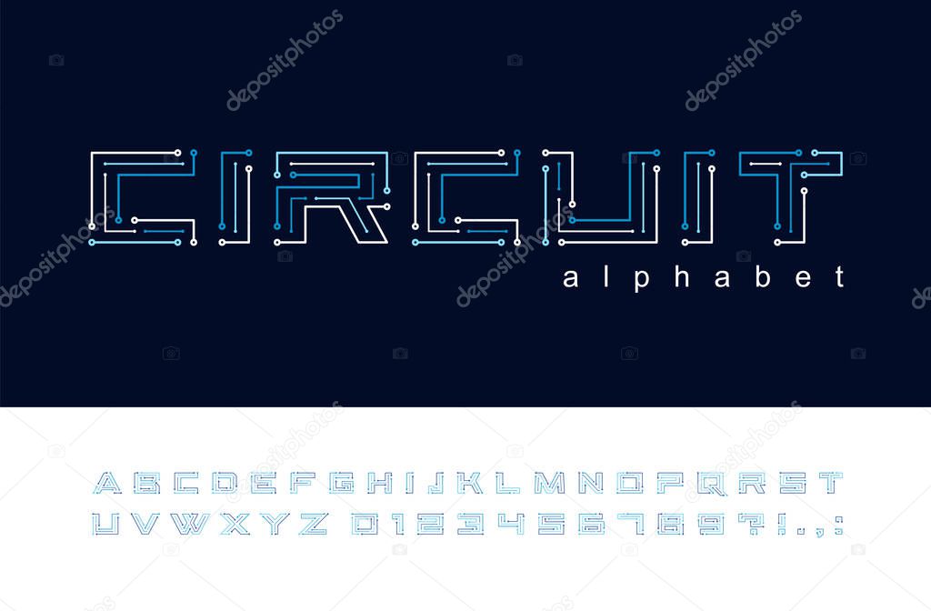 Circuit board geometric font. Digital technology, futuristic, future techno alphabet. Letters and numbers for computer electronic chip, tech logo design. Modern blue color minimalistic vector typeface