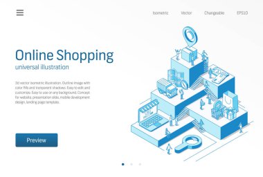 İnternetten alışveriş. İş adamları takım çalışması. Müşteri yolculuğu modern izometrik çizgi çizimi. Ticaret pazarı, teslimat, uzaklık ödeme ikonu. Büyüme basamağı bilgi konsepti