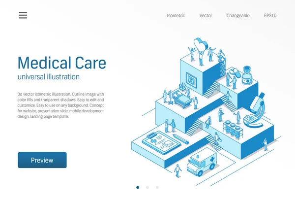 Atención médica. Trabajo en equipo de doctores y enfermeras. Atención médica, tratamiento del paciente ilustración de línea isométrica. Hospital, investigación clínica, icono de diagnóstico de laboratorio. Concepto infográfico paso de crecimiento — Vector de stock