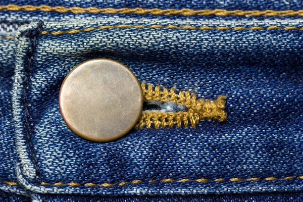 Brass Button Vintage Blue Jeans Suitable Backgrounds Articles Fashion Clothing — Stock Photo, Image