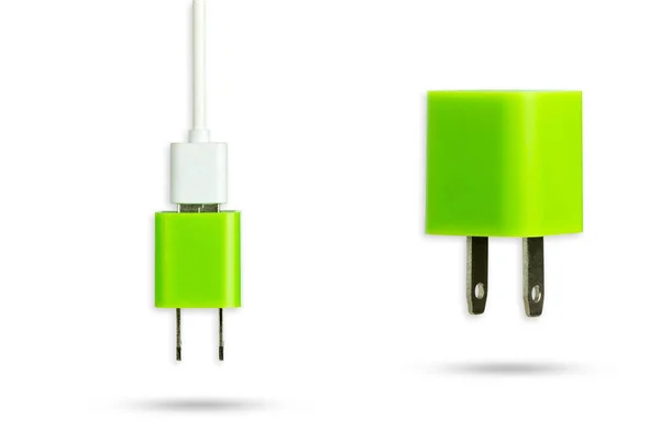 Carregador Adaptador Energia Verde Cabo Usb Branco Fundo Branco Isolado — Fotografia de Stock