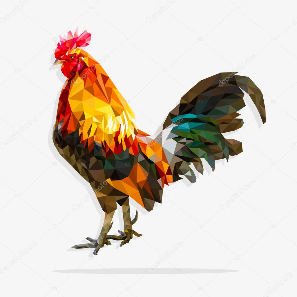 Low poly rooster standing in a white background.
