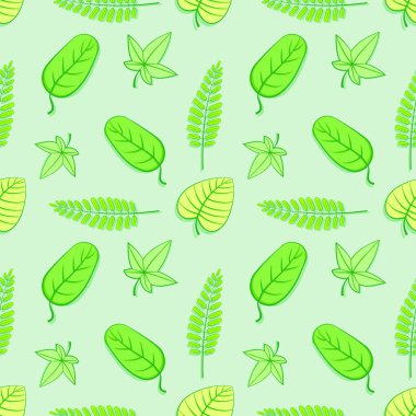 Yeşil arka planda kusursuz desenler var. Kawaii tarzında tropikal orman kavramı. vektör çizimi düz tasarım.