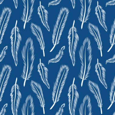 Klasik mavi arka planda kusursuz desenli beyaz tüy. Vektör çizimi. Kuş tüyünün arka planı tekrarlanıyor.