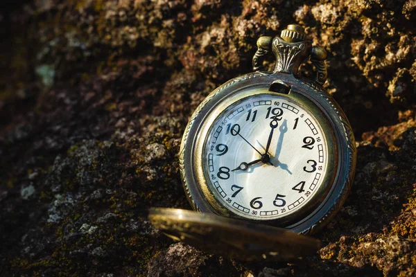Vintage Old Pocket Watch Placed Rock Forest Morning Sunlight Closeup — 스톡 사진