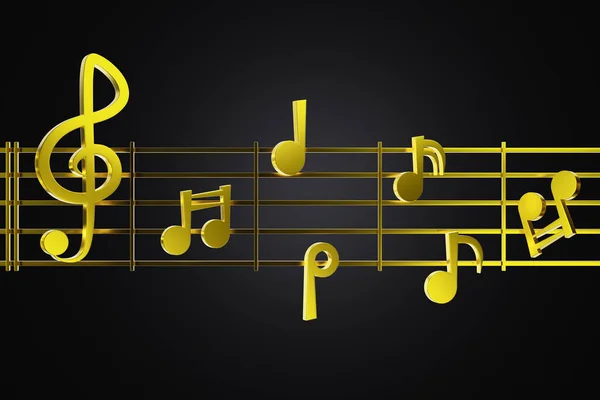 3D金色的音乐音符在黑色背景的音乐线条上 音乐价值和重要性的概念 — 图库照片