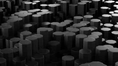 3d soyut geometrik çokgen arkaplan animasyonu. Birçok siyah sekizgen kutu hareket ediyor. Koyu arkaplanda çok sayıda siyah sekizgen çubuğu hareketli grafik.
