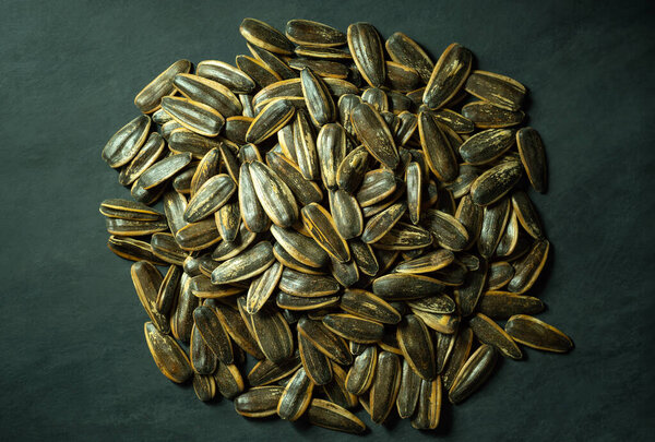Sunflower seeds heap on black cement floor. Concept of healthy food and organic farm.