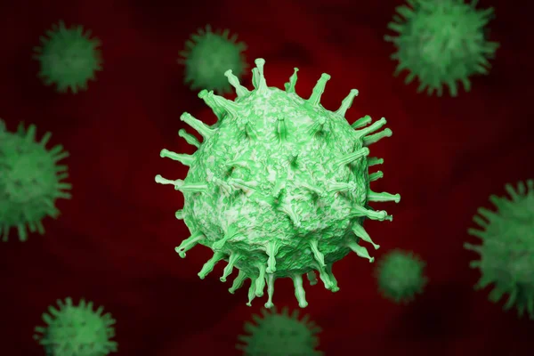 İnsan vücudundaki Coronavirus hücresi. Covid-19 hücresi mikroskop görüşünde. Gerçekçi 3D canlandırma. Solunum enfeksiyonlarında virüs simülasyonu modeli. Sağlıklı bakım kavramı.