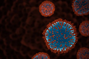 İnsan vücudundaki Coronavirus hücresi. Covid-19 hücresi mikroskop görüşünde. Gerçekçi 3D canlandırma. Solunum enfeksiyonlarında virüs simülasyonu modeli. Sağlıklı bakım kavramı.