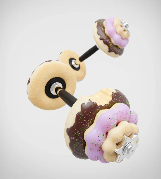 在白色背景上以甜甜圈形状出现的哑铃或杠铃 草莓和巧克力的味道 并有洒水在甜甜圈之上 减肥减肥减肥减肥减肥 3D插图 — 图库照片#