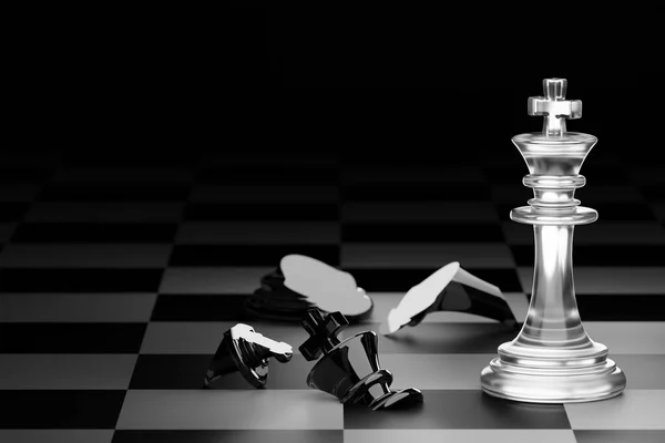 明白人棋王已成为暗黑背景黑棋的棋子之王 企业竞争中领导战略规划的理念 为企业竞争的胜利奠定了基础 3D渲染 — 图库照片#