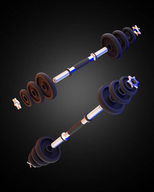 Dumbbell karanlık arka planda yüzüyor. Uzayı sola kopyala. Spor salonunda spor yapmak ya da spor yapmak için bir ekipman. Demirden yapılmış ve çok ağır. 3D çizer çizimi. Kas sağlığı konsepti.