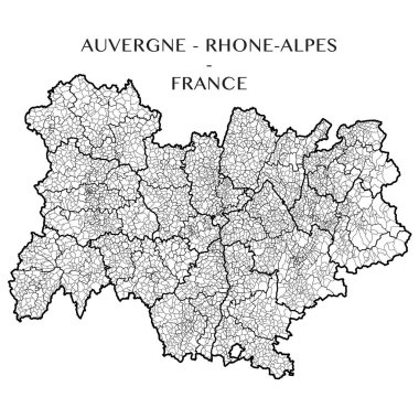 Bölge, Auvergne Rhone Alpes (Fransa) Detaylı Haritası belediyelerin, noktalı kenarlıklı mezrası (Kanton), ilçe (arrondissement) ve bölümler (departements). Vektör çizim