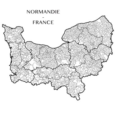 Normandiya bölgesi (Fransa) Detaylı Haritası belediyelerin, noktalı kenarlıklı mezrası (Kanton), ilçe (arrondissement) ve bölümler (departements). Vektör çizim