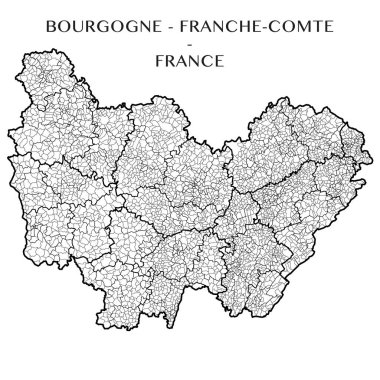 Bölge, Bourgogne Franche Comte (Fransa) Detaylı Haritası belediyelerin, noktalı kenarlıklı mezrası (Kanton), ilçe (arrondissement) ve bölümler (departements). Vektör çizim