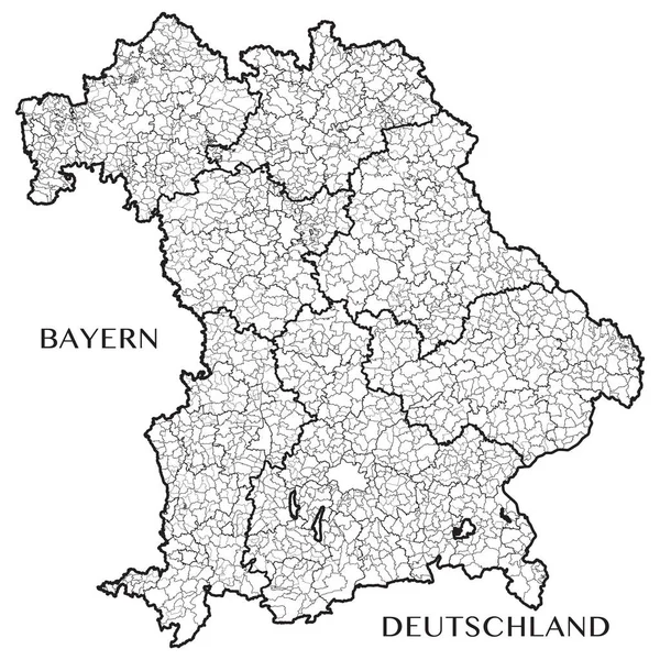 Detaillierte Karte des Freistaates Bayern (Deutschland) mit Grenzen von Gemeinden, Gemeindeverbänden, Unterbezirken und Bundesländern. Vektorillustration — Stockvektor