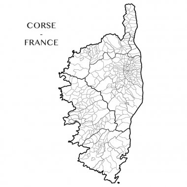 Corsica (Corse, Fransa) Fransız bölgesi belediyeler, mezrası (Kanton), ilçeler (arrondissement), bölümler (departements) ve bölge sınırları ile Detaylı Haritası